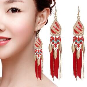 Feather Boho Rice Bead Dangly Long Waterdrop Tassel Earrings Hook Boho Ethic